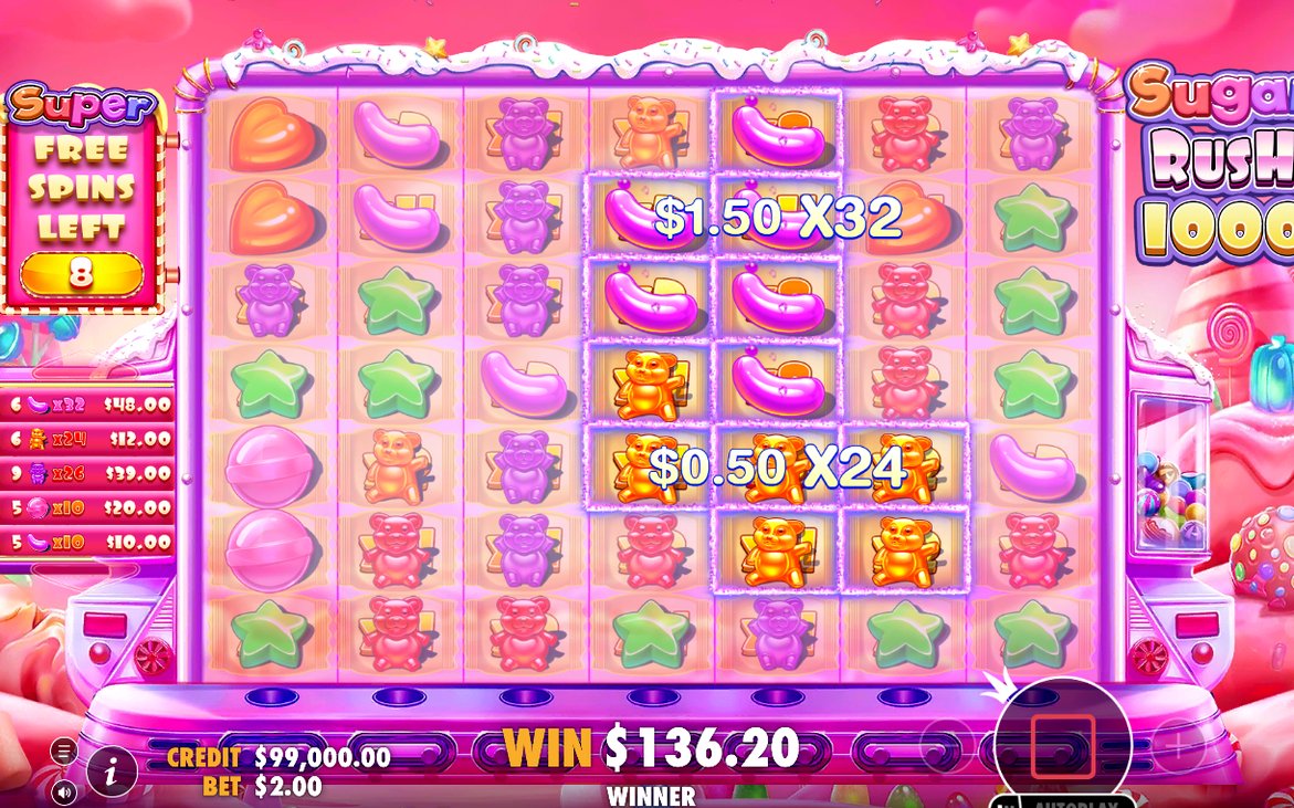 Win screen after a Cluster Pays win on the 7x7 grid